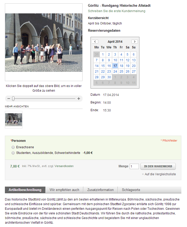Frontendansicht buchbare Artikel